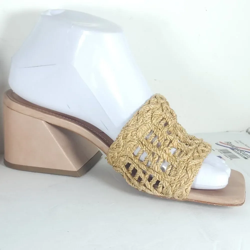 Vicenza Anthropologie Women's US6 Tan Woven Raffia Block Heel Slide Sandals